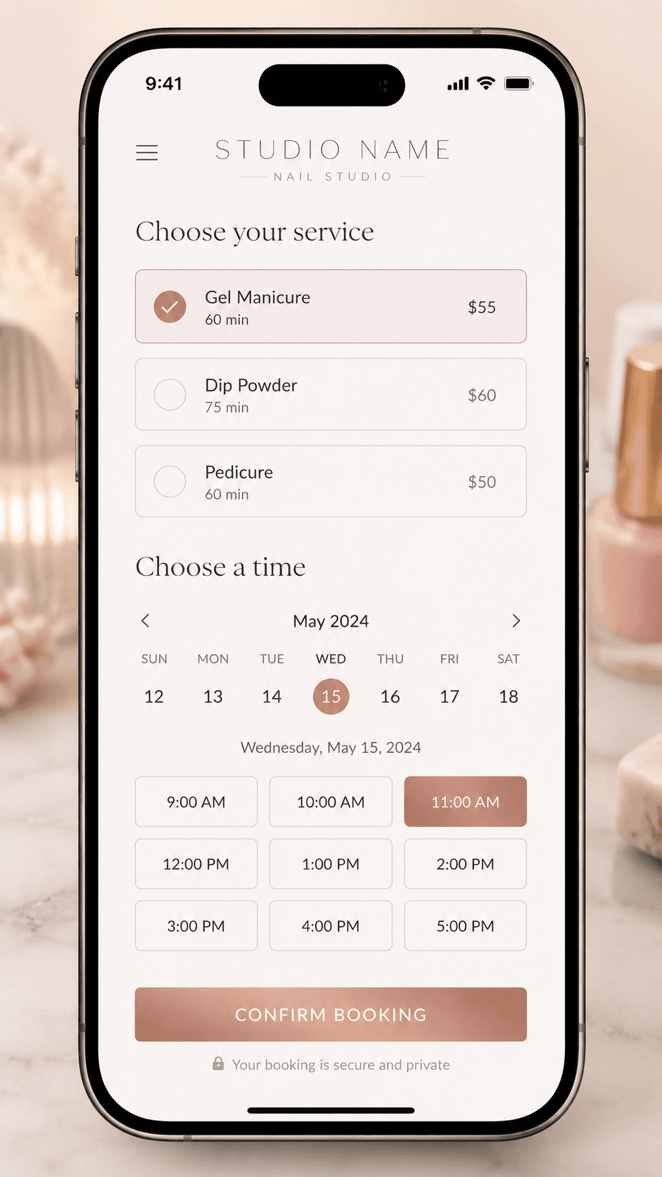 Sample nail studio booking flow concept render